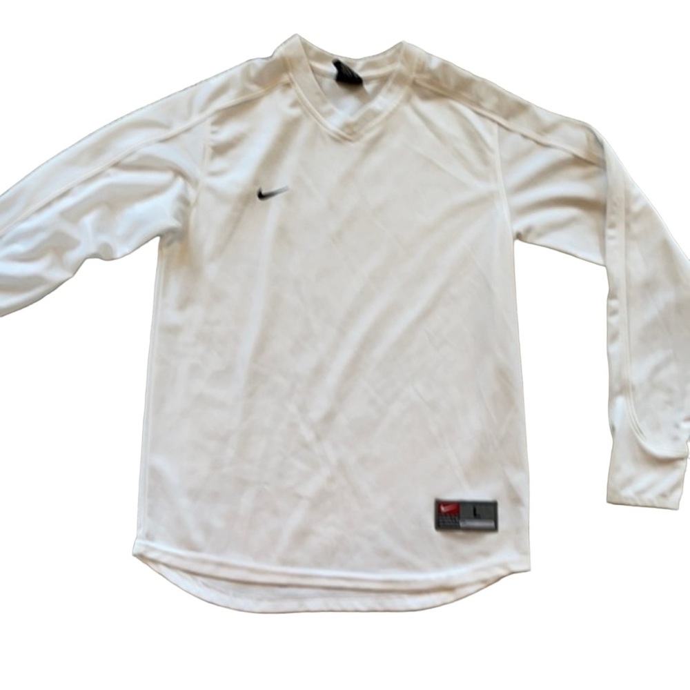 NIKE White V Neck Long Sleeve DriFit Shirt Long Sleeve Youth LARGE